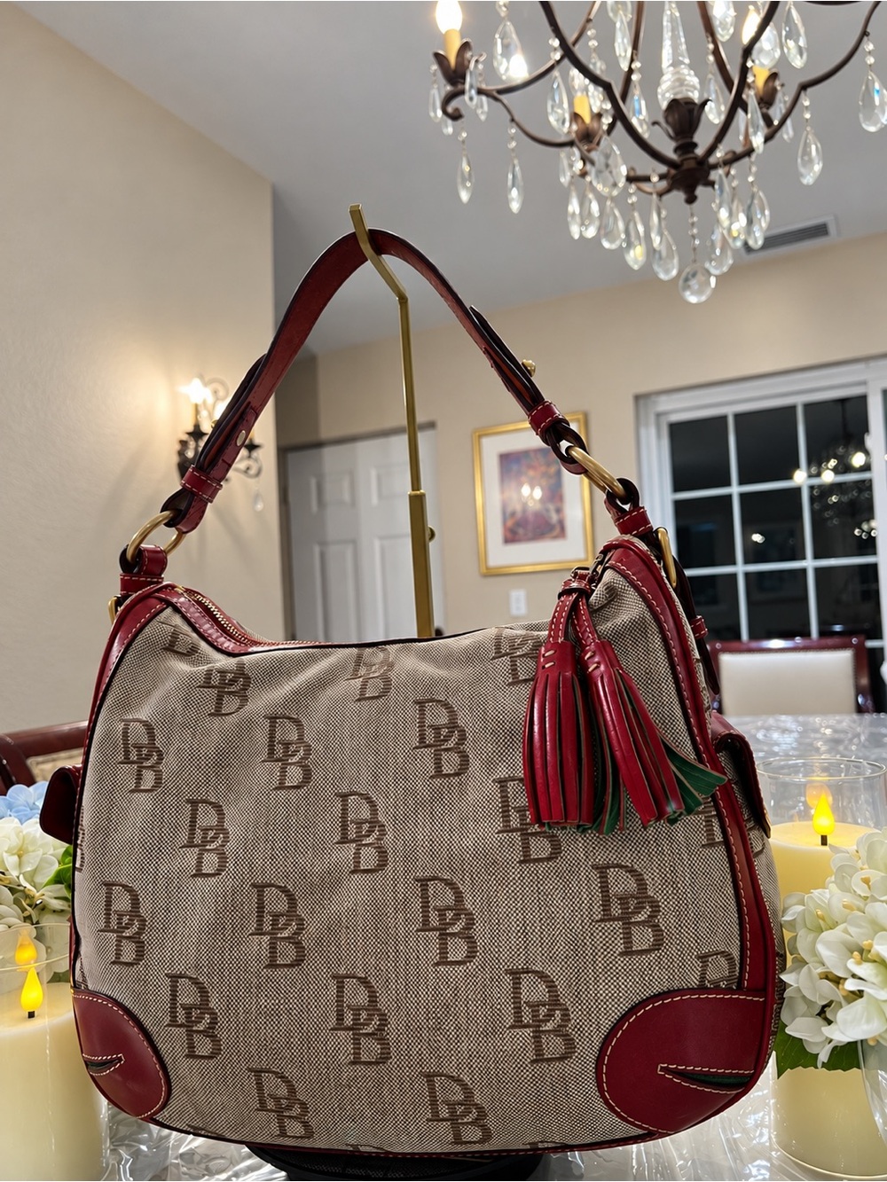 Dooney & Bourke Signature DB Jacquard Burgundy Leather Tassel Hobo Shoulder Bag